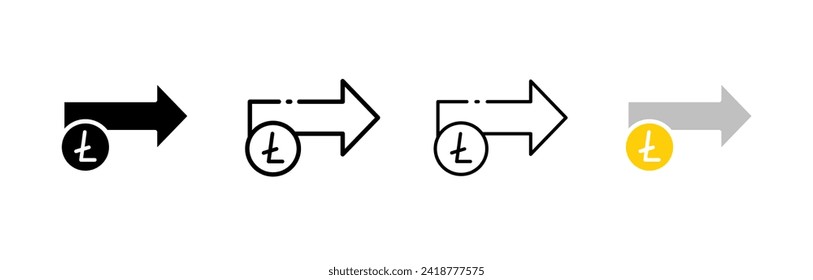 Litecoin and arrow to the right. Different styles, right arrow icon set, Ltc coin. Vector icons