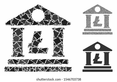 Litecoin bank building composition of rough items in variable sizes and color tinges, based on Litecoin bank building icon. Vector bumpy items are united into collage.