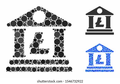 Litecoin bank building mosaic of filled circles in various sizes and color hues, based on Litecoin bank building icon. Vector filled circles are grouped into blue illustration.