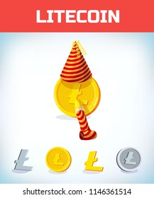 litecoin in birthday hat and pipe. litecoin. Digital currency. Crypto currency. Money and finance symbol. Miner bit coin criptocurrency. Virtual money concept. Cartoon Vector illustration.