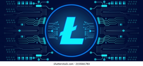 Litecoin blockchain blue banner poster crypto currency digital encryption. Litecoin digital money exchange. Computer circuit. Network online money digital currency technology computer cryptography