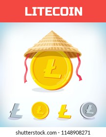 litecoin in Chinese straw hat. litecoin. Digital currency. Crypto currency. Money and finance symbol. Miner bit coin criptocurrency. Virtual money concept. Cartoon Vector illustration.