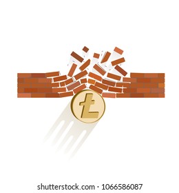 litecoin coin breaks through the wall resistance on a white background , the price of crypto currency is rising , vector image design concept  