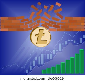 litecoin coin breaks through the wall resistance with growth chart on a blue background , the price of crypto currency is rising , vector image design concept    