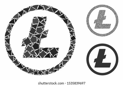 Litecoin coin composition of abrupt pieces in different sizes and color tints, based on Litecoin coin icon. Vector rough pieces are organized into composition.