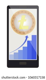 litecoin coin with growth diagram and arrow up on a phone screen