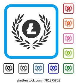 Litecoin Coin Laurel Wreath icon. Flat gray iconic symbol inside a blue rounded rectangle. Black, gray, green, blue, red, orange color variants of Litecoin Coin Laurel Wreath vector.