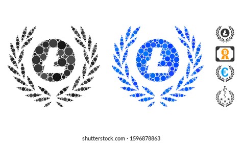 Litecoin coin laurel wreath mosaic of circle elements in various sizes and color hues, based on Litecoin coin laurel wreath icon. Vector round elements are organized into blue mosaic.