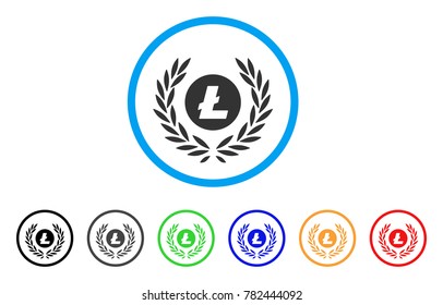 Litecoin Coin Laurel Wreath rounded icon. Style is a flat gray symbol inside light blue circle with additional colored versions.