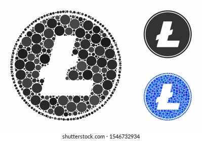 Litecoin coin mosaic of circle elements in different sizes and color hues, based on Litecoin coin icon. Vector circle elements are organized into blue collage.