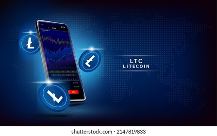 Moneda de Litecoin y teléfono. Aplicación para intercambiar moneda criptográfica en el smartphone de pantalla táctil. Análisis de datos en el mercado de valores. Tendencias y estrategia financiera. La criptodivisa bancaria móvil. Vector 3d. 