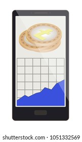 litecoin coins with growth graph on a phone screen, cryptocurrency with diagram in the phone,  litecoin crypto currency design.