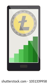 litecoin coins with growth graph on a phone screen, cryptocurrency with diagram in the phone,  litecoin crypto currency design.