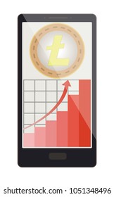 litecoin coins with growth graph on a phone screen, cryptocurrency with diagram in the phone,  litecoin crypto currency design..