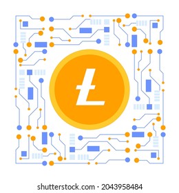 Litecoin crypto coin with abstract scheme chains. Cryptocurrency symbol. Crypto business and investment. Blockchain technology and mining cryptocoins. Vector illustration isolated on white background