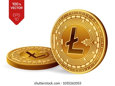 Litecoin. Crypto currency. 3D isometric Physical coins. Digital currency. Golden coins with Litecoin symbol isolated on white background. Block chain. Vector illustration.