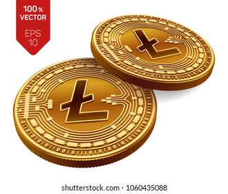 Litecoin. Crypto currency. 3D isometric Physical coins. Digital currency. Golden coins with Litecoin symbol isolated on white background. Block chain. Vector illustration.