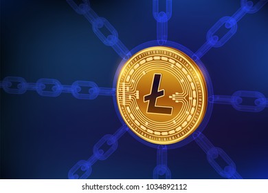 Litecoin. Crypto currency. Block chain. 3D isometric Physical Litecoin coin with wireframe chain. Blockchain concept. Editable Cryptocurrency template. Stock vector illustration.