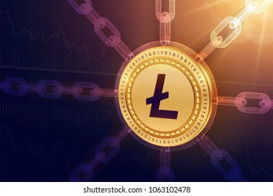 Litecoin. Crypto currency. Block chain. 3D isometric Physical Litecoin coin with wireframe chain. Blockchain concept. Editable Cryptocurrency template. Stock vector illustration.