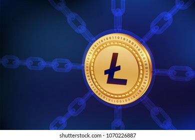 Litecoin. Crypto currency. Block chain. 3D isometric Physical Litecoin coin with wireframe chain. Blockchain concept. Editable Cryptocurrency template. Stock vector illustration.