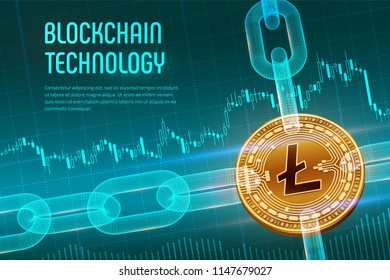 Litecoin. Crypto currency. Block chain. 3D isometric Physical golden Litecoin coin with wireframe chain on blue financial background. Blockchain concept. Editable Cryptocurrency template. Vector