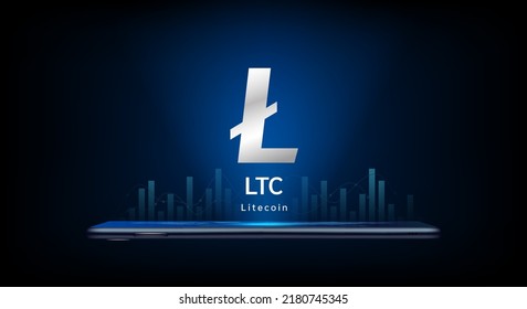 Litecoin crypto currency token symbol come out from smartphone. Coin icon on dark background. Trading cryptocurrency in stock market on application. For website or banner. Vector illustrator.