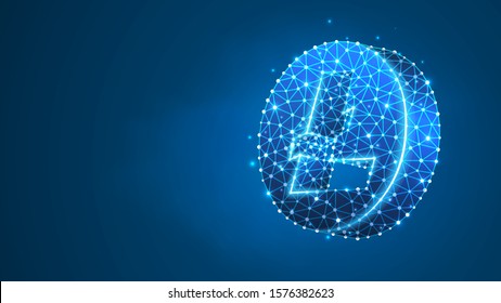 Litecoin cryptocurrency logo. Crypto mining, blockchain system, smart contract for business. Abstract digital wireframe, low poly mesh, polygonal vector blue neon 3d illustration. Line, dot
