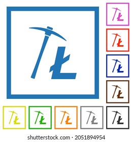 Litecoin cryptocurrency mining flat color icons in square frames on white background