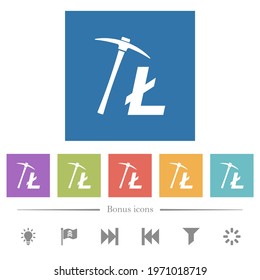 Litecoin cryptocurrency mining flat white icons in square backgrounds. 6 bonus icons included.
