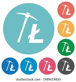Litecoin cryptocurrency mining flat white icons on round color backgrounds