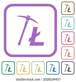 Litecoin cryptocurrency mining simple icons in color rounded square frames on white background