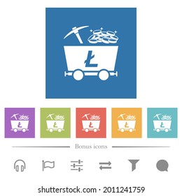 Litecoin cryptocurrency mining with treasure flat white icons in square backgrounds. 6 bonus icons included.