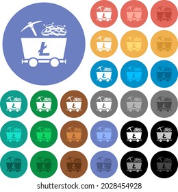 Litecoin cryptocurrency mining with treasure multi colored flat icons on round backgrounds. Included white, light and dark icon variations for hover and active status effects, and bonus shades.