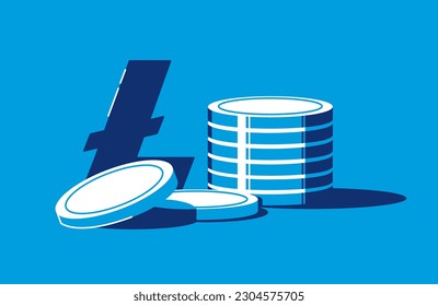 Litecoin cryptocurrency stack. Pile of golden coins. Financial assets and electronic payment, growth of income due to mining and investment. Vector illustration in flat style