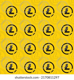 Litecoin cryptocurrency symbol in a seamless pattern on a yellow background. Modern finance icon in flat design with black and white elements. Vector illustration easy to edit and customize EPS 10