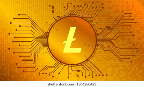 Litecoin cryptocurrency token symbol, LTC coin icon in circle with pcb on gold background. Digital gold in techno style for website or banner. Vector EPS10.