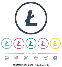 Litecoin digital cryptocurrency flat color icons in round outlines. 6 bonus icons included.