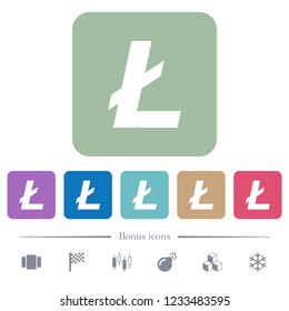 Litecoin digital cryptocurrency white flat icons on color rounded square backgrounds. 6 bonus icons included