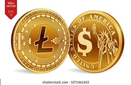 Litecoin. Dollar coin. 3D isometric Physical coins. Digital currency. Cryptocurrency. Golden coins with Litecoin and Dollar symbol isolated on white background. Vector illustration.