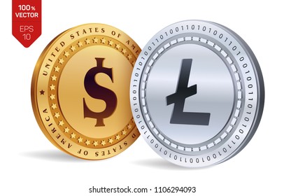 Litecoin. Dollar coin. 3D isometric Physical coins. Digital currency. Cryptocurrency. Golden and silver coins with Litecoin and Dollar symbol isolated on white background. Vector illustration.