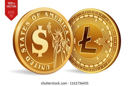Litecoin. Dollar coin. 3D isometric Physical coins. Digital currency. Cryptocurrency. Golden coins with Litecoin and Dollar symbol isolated on white background. Vector illustration.