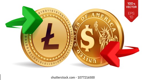 Litecoin to dollar currency exchange. Litecoin. Dollar coin. Cryptocurrency. Golden coins with Litecoin and Dollar symbol with green and red arrows. 3D isometric Physical coins. Vector illustration.