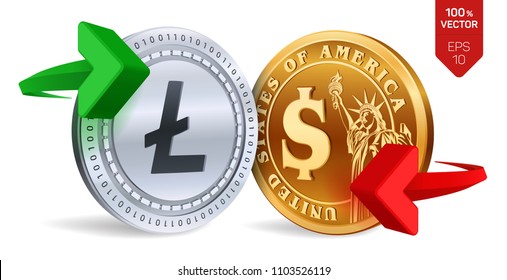 Litecoin to dollar currency exchange. Litecoin. Dollar coin. Cryptocurrency. Golden and silver coins with Litecoin and Dollar symbol with green and red arrows. 3D isometric Physical coins. Vector