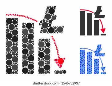 Litecoin epic fail chart mosaic of filled circles in different sizes and color tinges, based on Litecoin epic fail chart icon. Vector filled circles are composed into blue illustration.