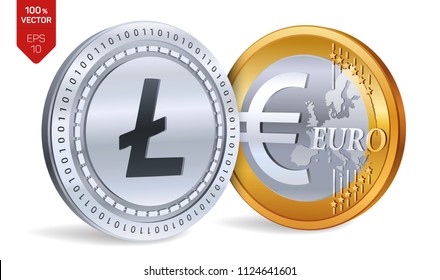 Litecoin. Euro. 3D isometric Physical coins. Digital currency. Cryptocurrency. Golden and silver coins with Litecoin and Euro symbol isolated on white background. Vector illustration.