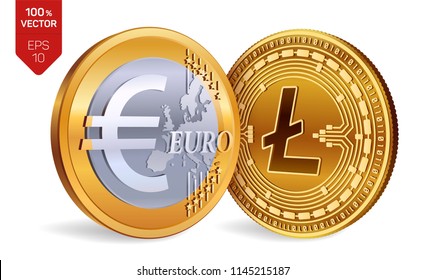 Litecoin. Euro coin. 3D isometric coins. Digital currency. Cryptocurrency. Golden coins with Litecoin and Euro symbol isolated on white background. Vector illustration.