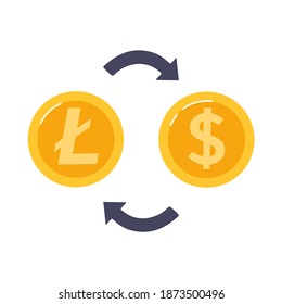 Litecoin im Austausch gegen Dollar. Vektorgrafik von Blockchain-Technologie im digitalen Geld- und Kryptowährungsmarkt. Flacher Stil einzeln auf weißem Hintergrund.