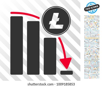 Litecoin Falling Acceleration Chart pictograph with 7 hundred bonus bitcoin mining and blockchain images. Vector illustration style is flat iconic symbols designed for blockchain apps.