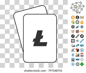 Litecoin gambling cards icon with additional bitcoin mining and blockchain pictographs. Flat vector pictures for crypto-currency software.