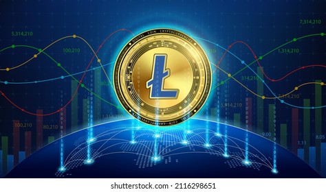 Litecoin gold coin. Token cryptocurrency currency on future internet. Digital online technology blockchain stock market and crypto currencies. Hologram with a globe and world map. Vector EPS10.